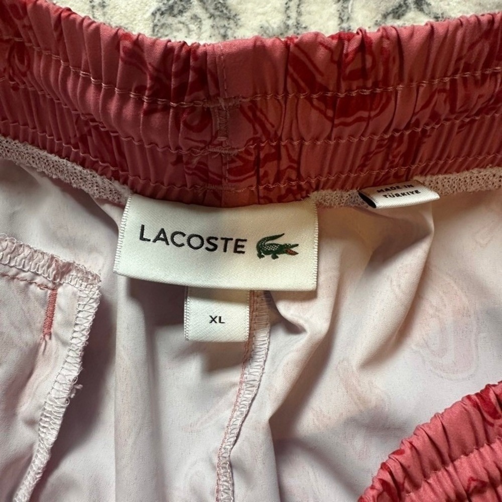 Lacoste Script Logo Print Swim Trunks Pink Lighthouse Red XL Board Shorts - Picture 7 of 8